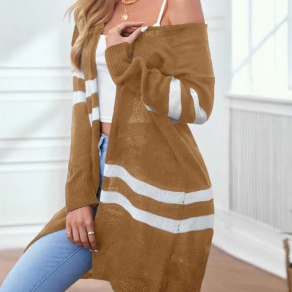 Light Brown/White Striped Cardigan in L - Picture 3 of 4